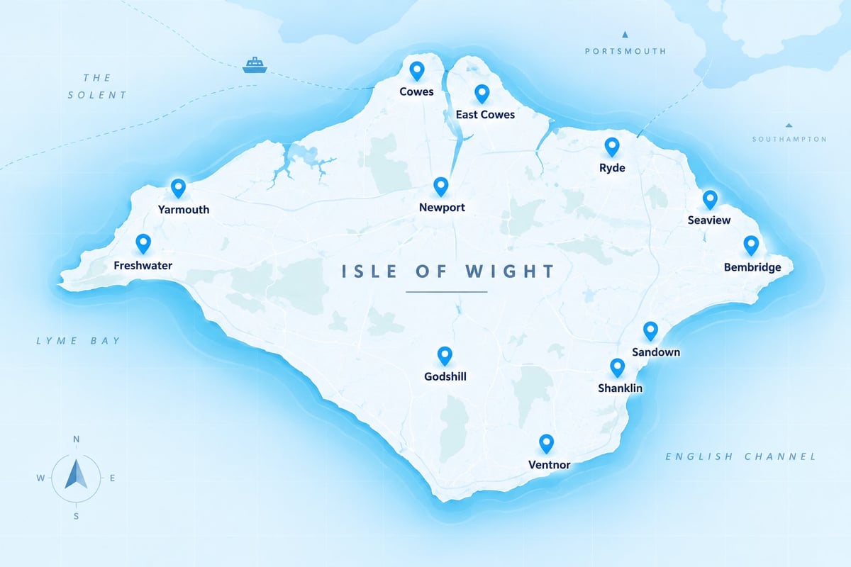 Map of the Isle of Wight showing key towns and cities including Newport, Shanklin, Ryde, and Ventnor with location markers
